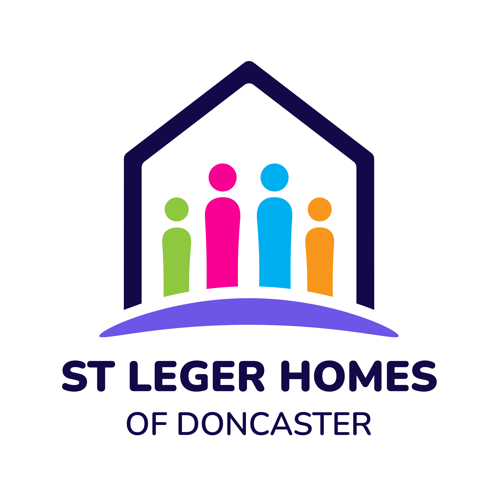 The logo of St Leger Homes of Doncaster features the blue outline of a home with four different coloured silhouettes of people inside.