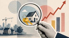 A hand holding a magnifying glass up to a picture of houses with keys in front of it.