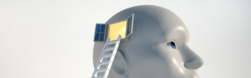 A model of a human head is shown with a window into the brain, representing knowledge