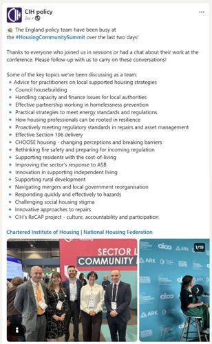 A LinkedIn post by the CIH policy team