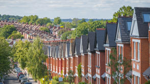 A long row of houses on a street.