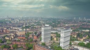 An aerial view of homes.